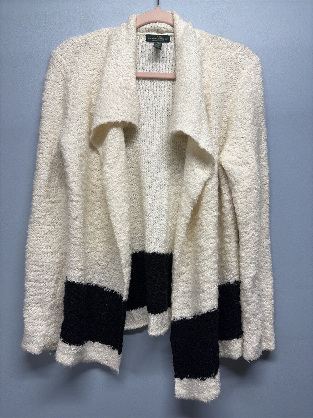 LRL Lauren Jeans Co Open Front Cardigan Sweater Ivory Black Boucle - Sz Large